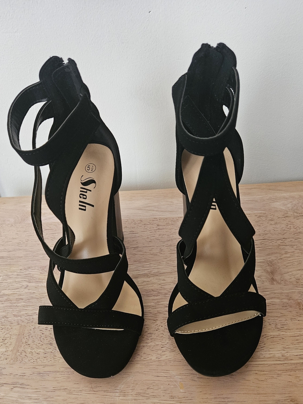 SHEIN Black Suede Strappy High Heel Sandals.